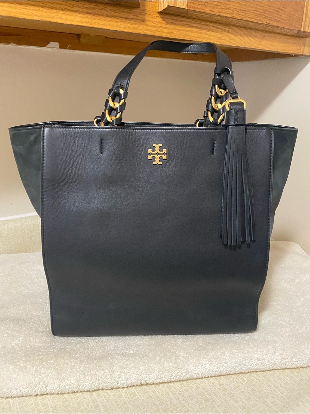 Tory Burch Black Leather Tote with Suede exterior